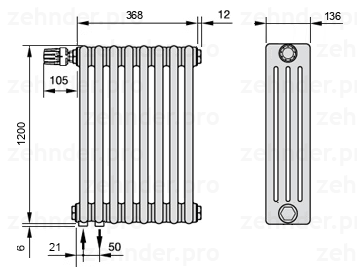 Схема (чертеж) Радиатор Zehnder Charleston 4120/8 №V001 Белый глянцевый RAL 9016